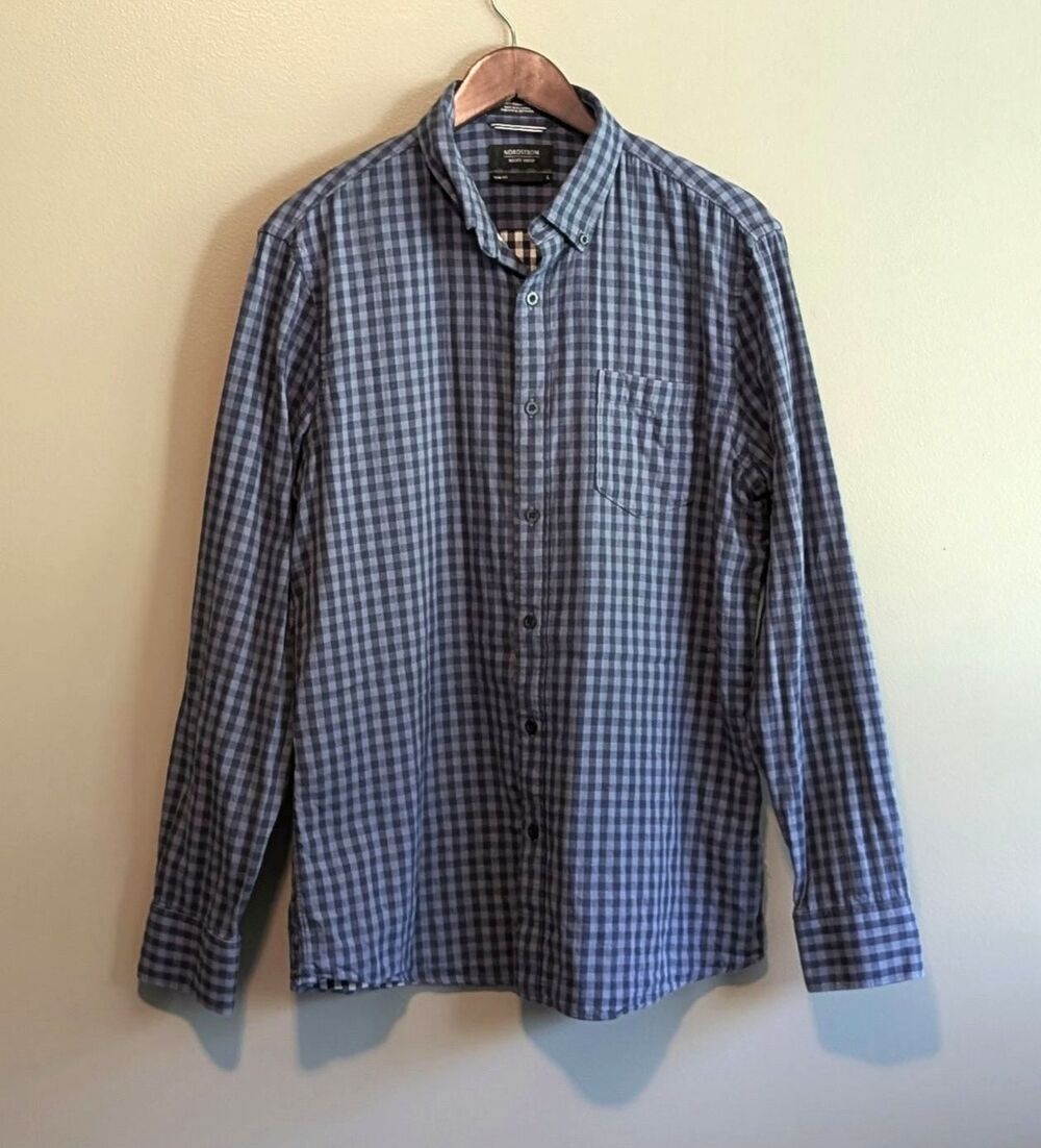 Nordstrom Shirt Mens Large Blue Check Trim Fit Button Down Long Sleeve L Cotton